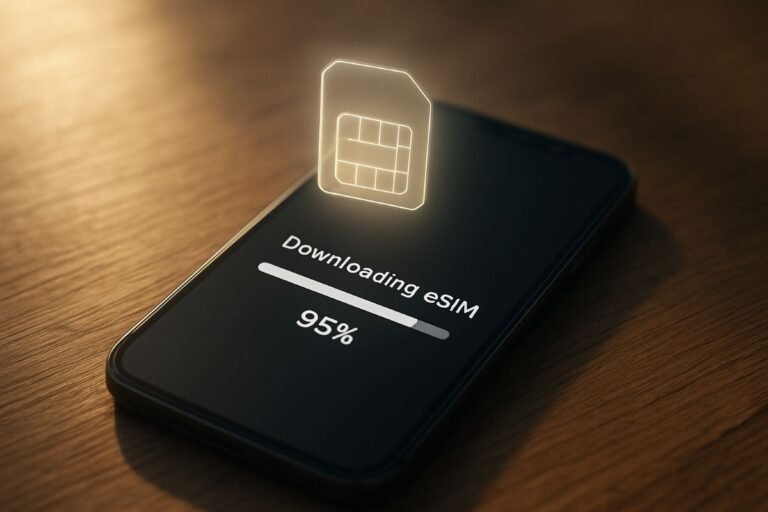 Smartphone screen displaying a progress bar at 95% for downloading an eSIM, with a glowing eSIM card icon above.