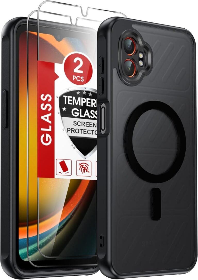 Black protective case for Galaxy XCover 7 Pro with two tempered glass screen protectors included, featuring a textured design and circular cutout.
