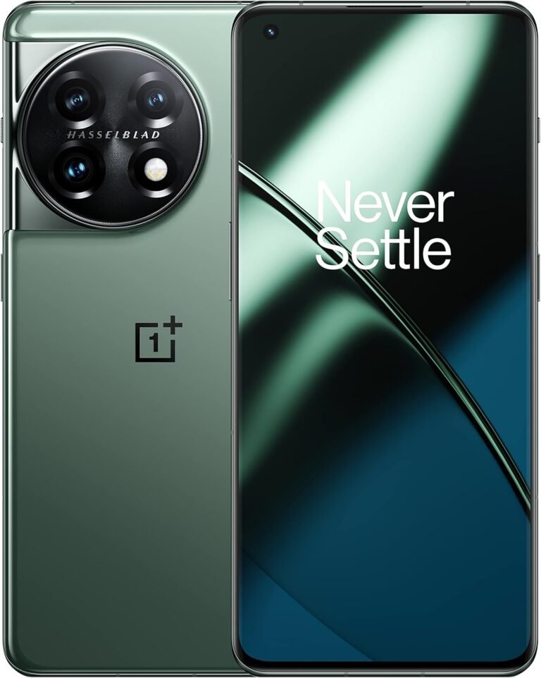 OnePlus 11 5G smartphone in Eternal Green color, featuring a Hasselblad camera system and a display with the text 'Never Settle'.
