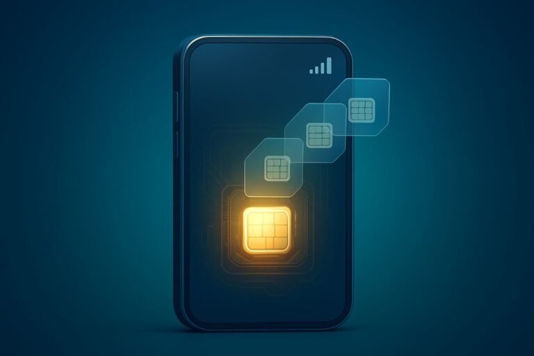 Smartphone displaying an illuminated eSIM card with digital representations of multiple eSIMs above it.