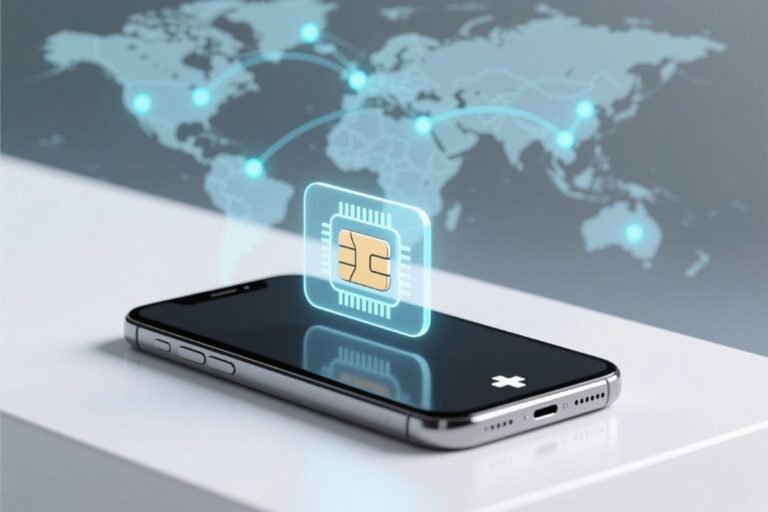Smartphone displaying a digital eSIM chip with a world map in the background, illustrating global connectivity.