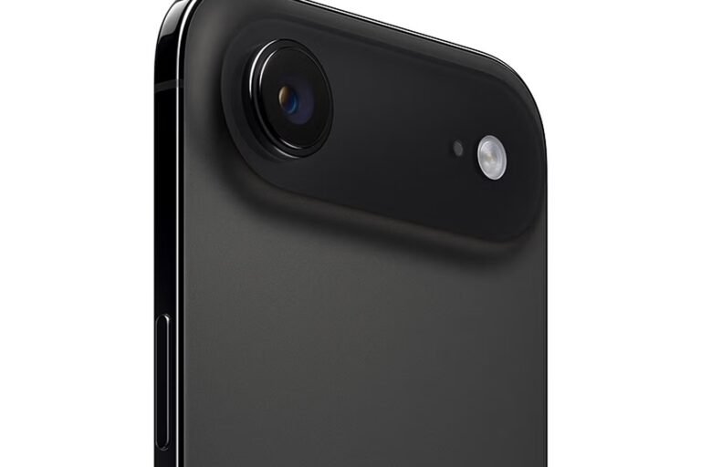 Close-up view of the rear camera and lens of a smartphone with a sleek black design.