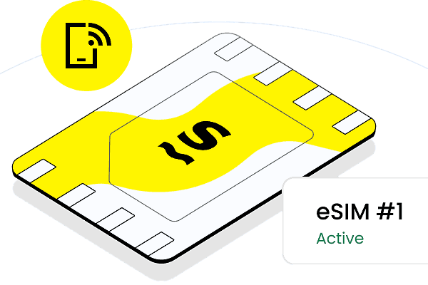 Illustration of an active eSIM card with a yellow design and a smartphone icon indicating connectivity.