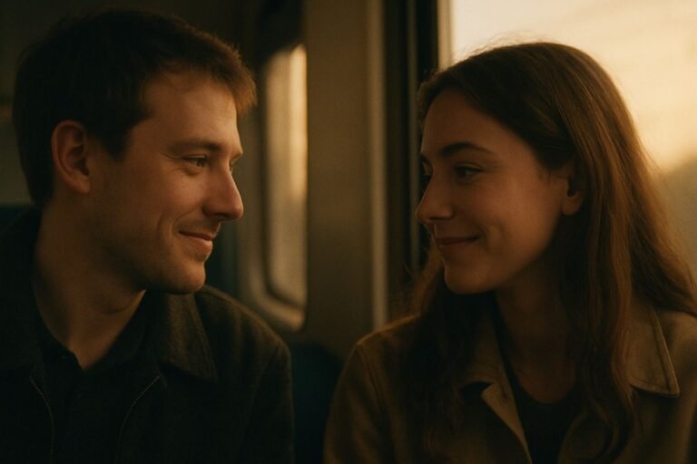 Two individuals sitting close together on a train, smiling at each other with warm expressions in a softly lit environment.
