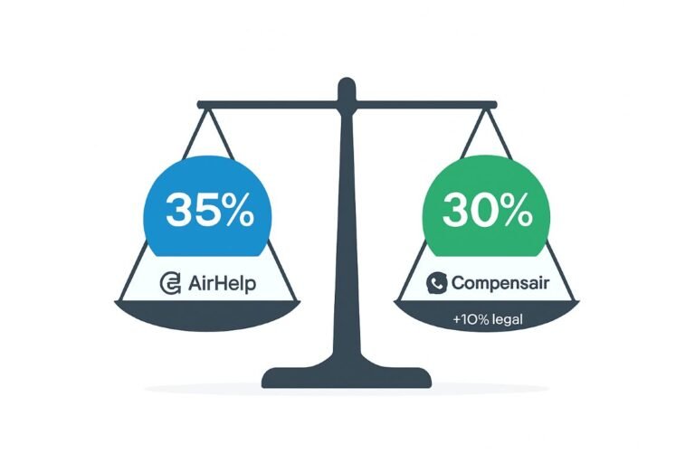 A balance scale displaying AirHelp at 35% and Compensair at 30% with a note indicating an additional 10% legal fee.