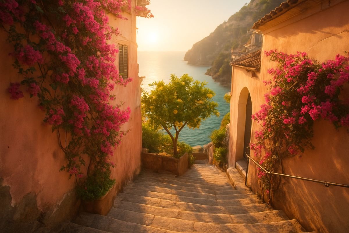 Staircase lined with pink bougainvillea flowers leading down to a coastal view at sunset.