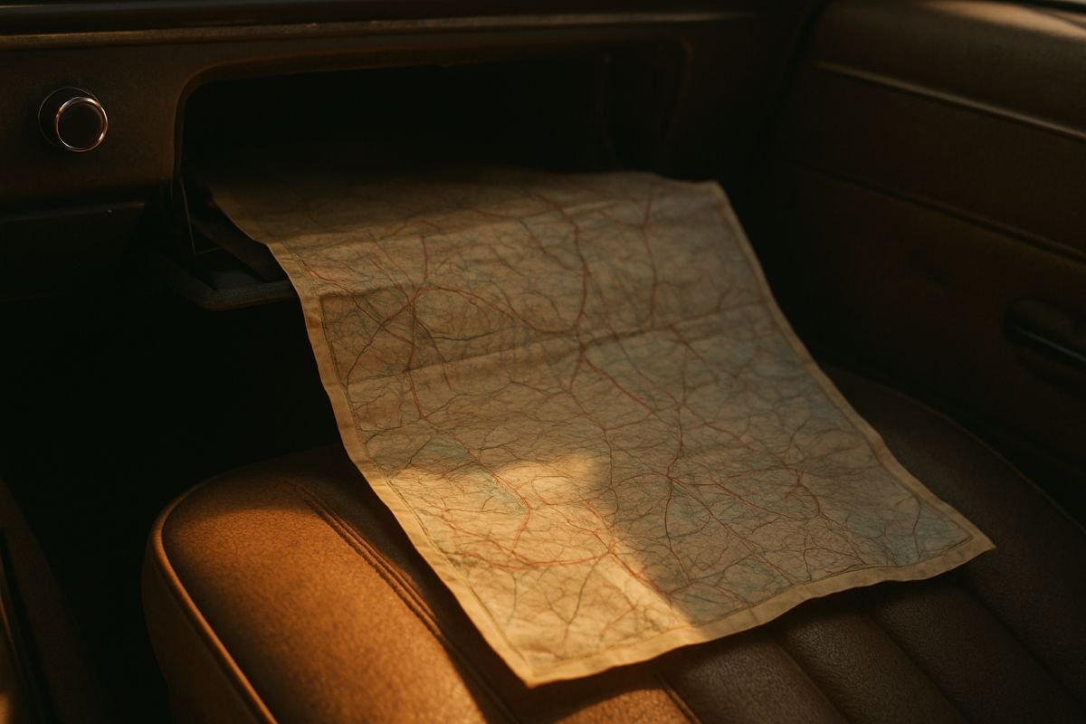 A folded road map partially extended from a glove compartment onto the seat of a car.