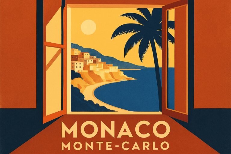 Illustration of a scenic view of Monaco Monte-Carlo from an open window, featuring a coastline, palm tree, and colorful buildings.
