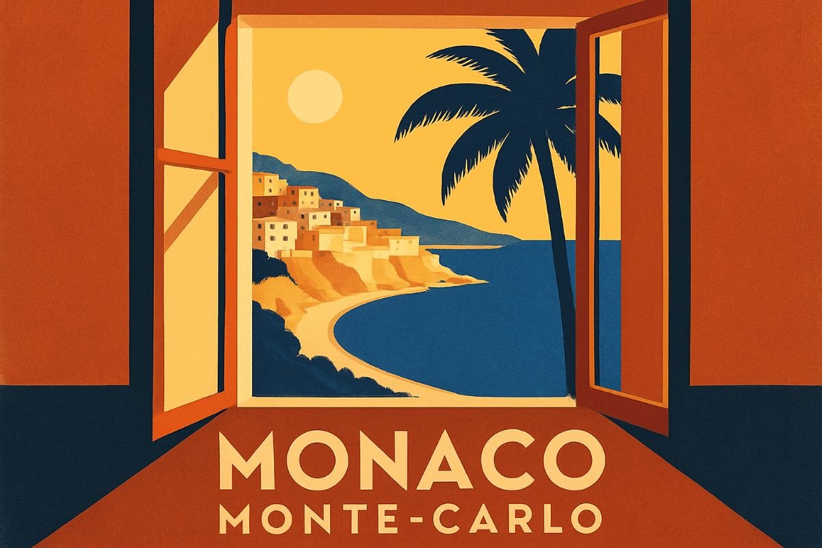 Illustration of a scenic view of Monaco Monte-Carlo from an open window, featuring a coastline, palm tree, and colorful buildings.