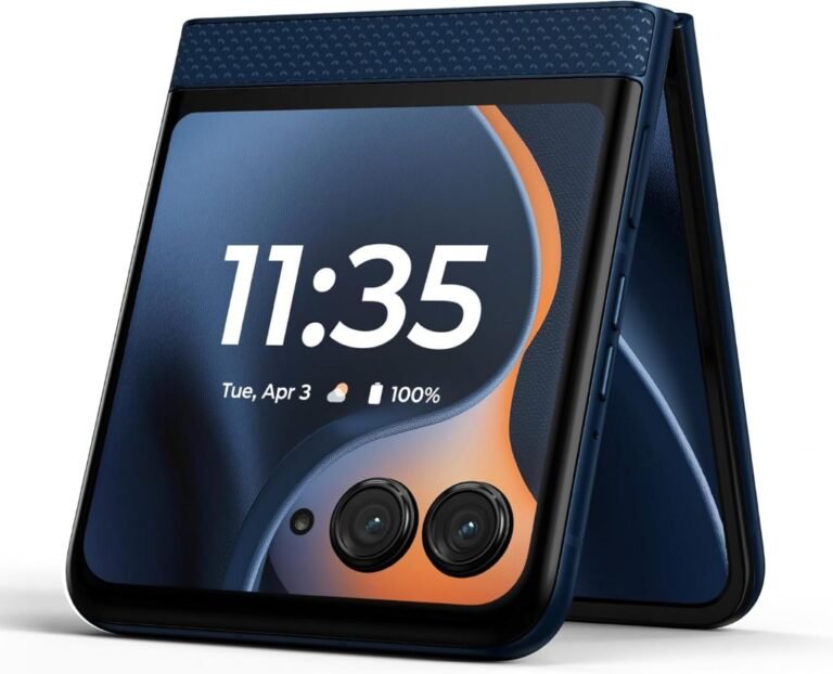 Motorola Razr 2025 smartphone with a foldable design, displaying the time and date on its screen, featuring dual rear cameras.