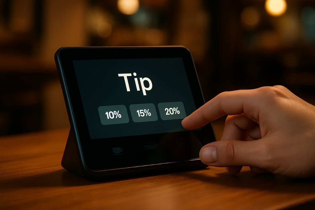 Touchscreen display showing tipping options of 10%, 15%, and 20% with the word 'Tip' prominently featured.