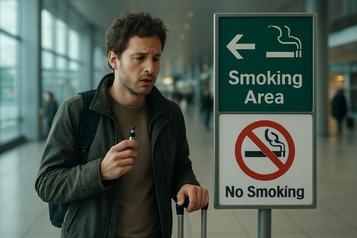 Man holding a vape pen stands near a sign indicating a smoking area and a no smoking policy in an airport setting.