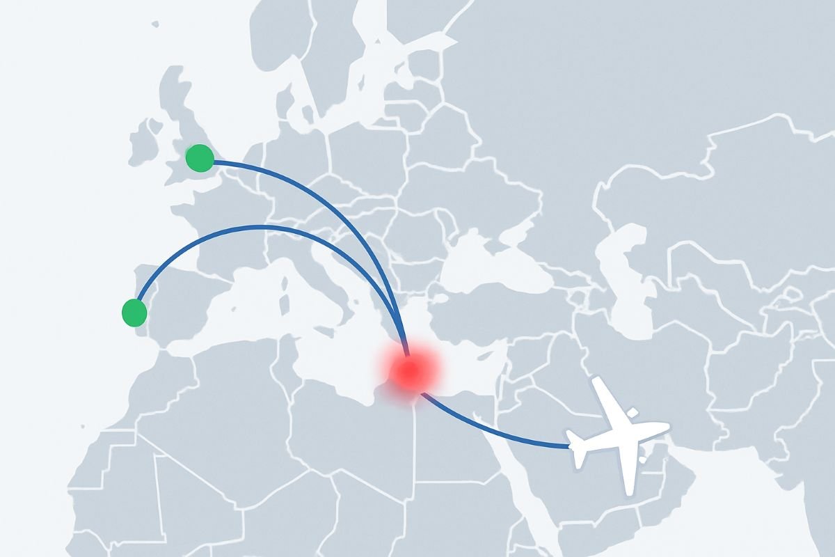 Map illustrating flight paths from Europe to a central location in the Middle East, marked with green and red indicators.