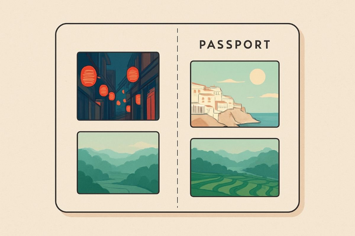 Illustration of a passport page with four images: lanterns in a street, a coastal view, rolling hills, and terraced fields.