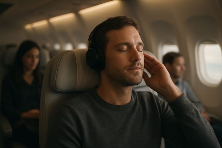 Man wearing headphones, sitting in an airplane seat with eyes closed, enjoying music during a flight.