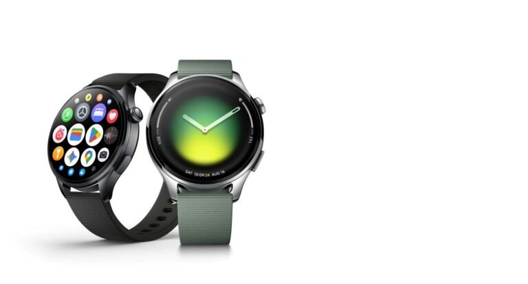 Sleek Xiaomi smartwatch pair with black and green straps, showing eSIM-ready connectivity and app icons for calls, music, and fitness use.