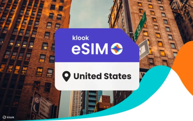 Klook eSIM card for the United States appears over a city street scene, with bold purple branding and colorful teal and orange curves.