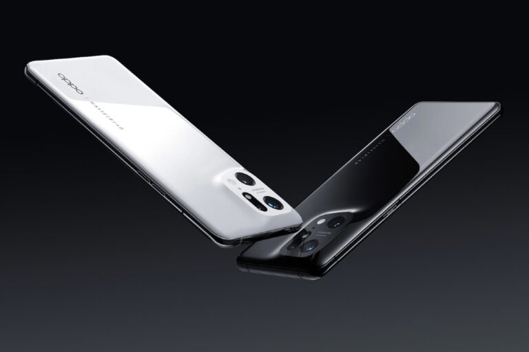 Two OPPO Find X5 Pro phones, one white and one black, display their rear camera systems; the page explains checking eSIM models before buying.